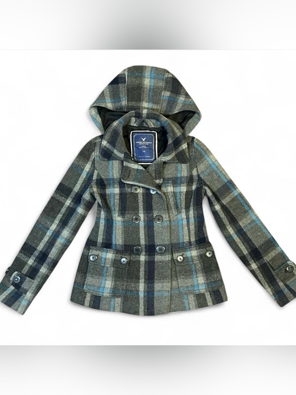 Y2K Aeropostale Gray Tartan Plaid Hooded Double-Breasted Peacoat